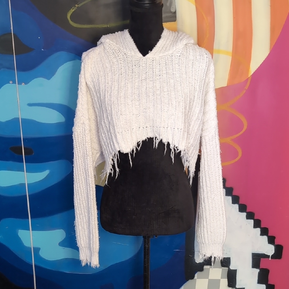 Wildfox White Crew Neck Sweater with Distressed Design